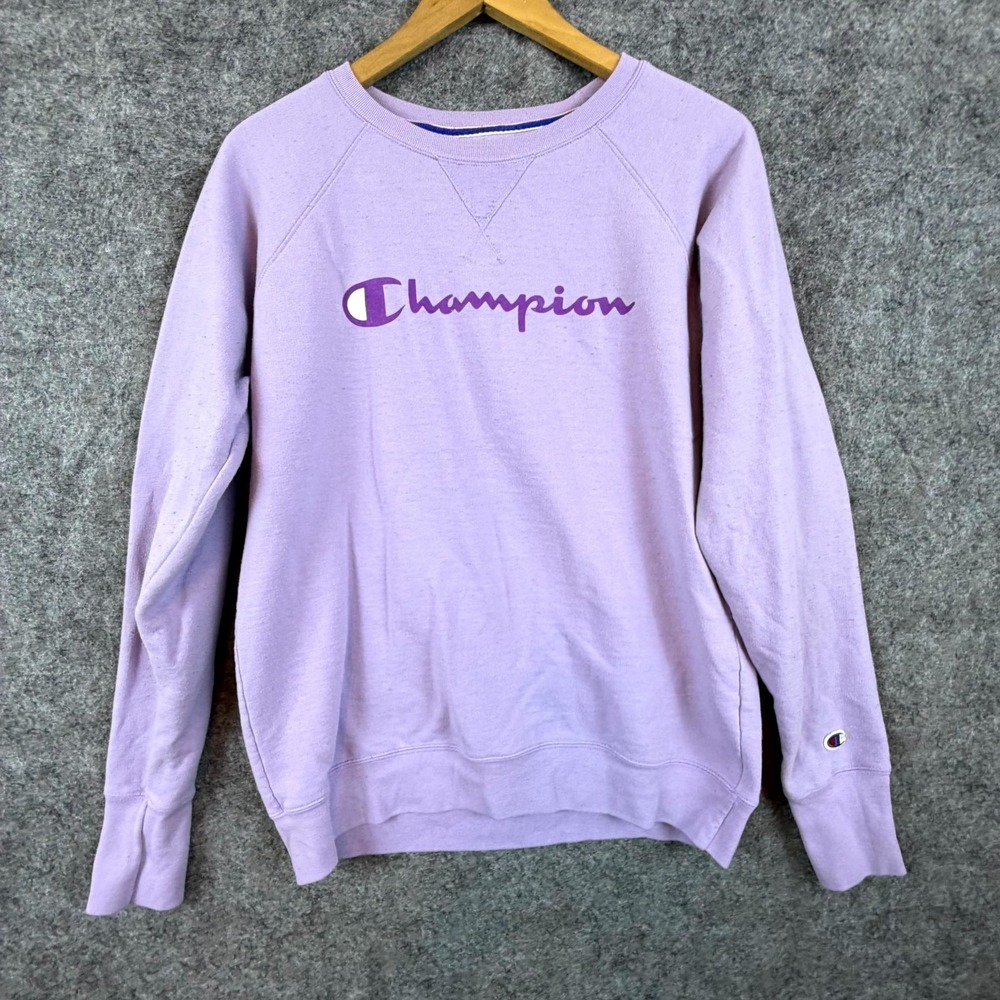 Champion Sweatshirt Womens‎ Large Purple Logo Raglan Long Sleeve Fleece Lined